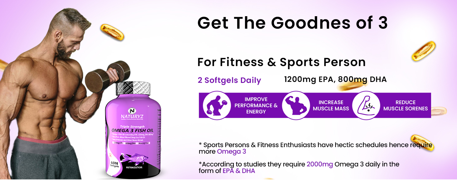 Naturyz Triple Strength Omega 3 Fish Oil with Highest Strength 2450 mg, 60 Capsules, Omega 3-6-9 Per Serving (EPA 1200mg DHA 800mg) Capsules For Men & Women