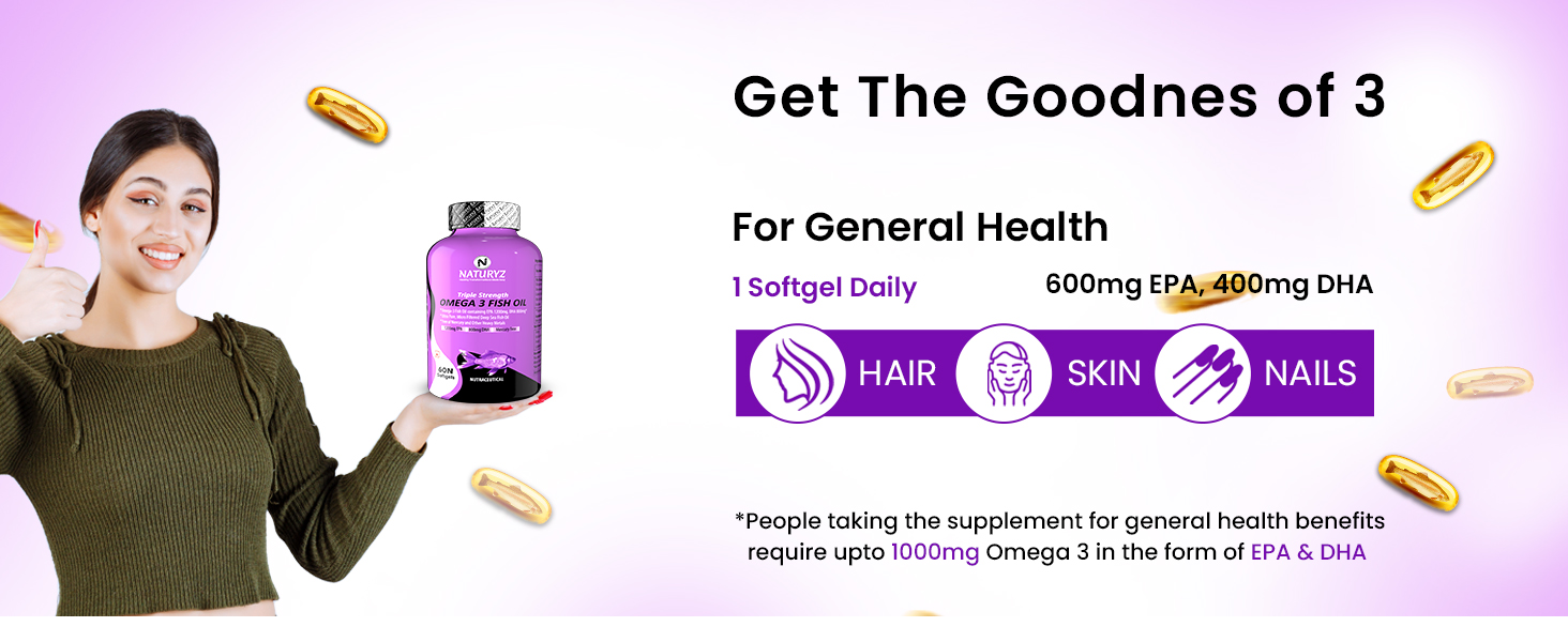 Naturyz Triple Strength Omega 3 Fish Oil with Highest Strength 2450 mg, 60 Capsules, Omega 3-6-9 Per Serving (EPA 1200mg DHA 800mg) Capsules For Men & Women