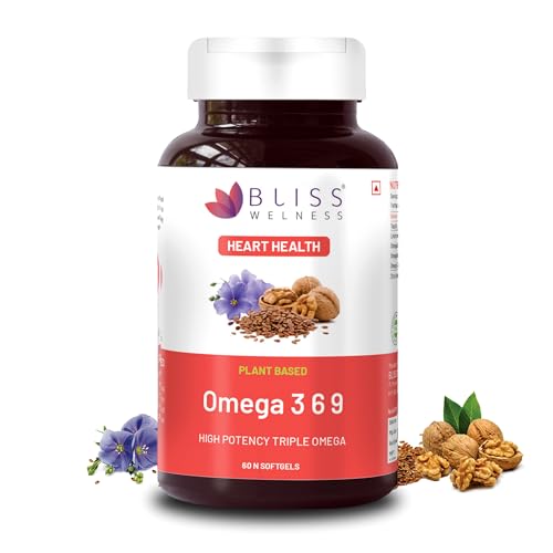 Bliss Welness Organic Omega 3 6 9 2000mg | Omega3 ALA 1000mg Omega 6 LA 274mg Omega 9 OA 400mg Essential Fatty Acid | Heart Cholesterol Brain Eye Immunity Health Supplement - 60 Softgel Capsules
