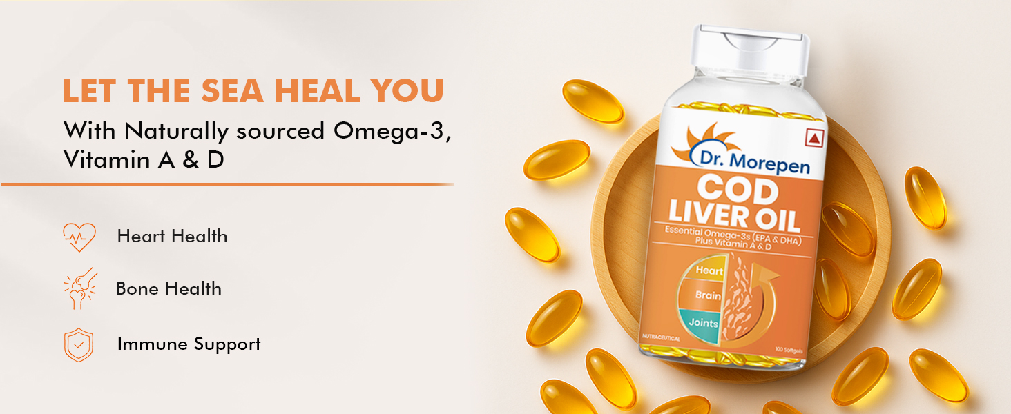 Dr. Morepen COD Liver Oil Capsules Omega 3, Natural EPA & DHA | UltraPure & Finest COD Fish 200 Softgels (Pack of 2)