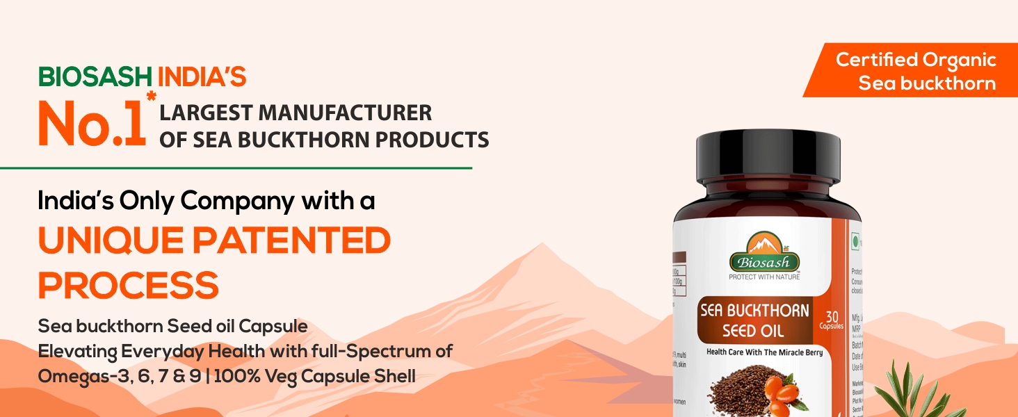 Biosash Sea Buckthorn Seed Oil Capsules 30 Caps | CO2 Extracted from Certified Organic Berries | Omega 3 6 7 9 | Liver Health | Rich in Antioxidants & Vitamins | Skin, Hair, Immunity & Wellness