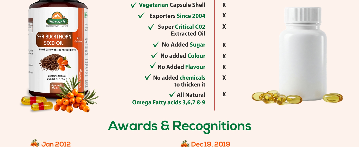Biosash Sea Buckthorn Seed Oil Capsules 30 Caps | CO2 Extracted from Certified Organic Berries | Omega 3 6 7 9 | Liver Health | Rich in Antioxidants & Vitamins | Skin, Hair, Immunity & Wellness