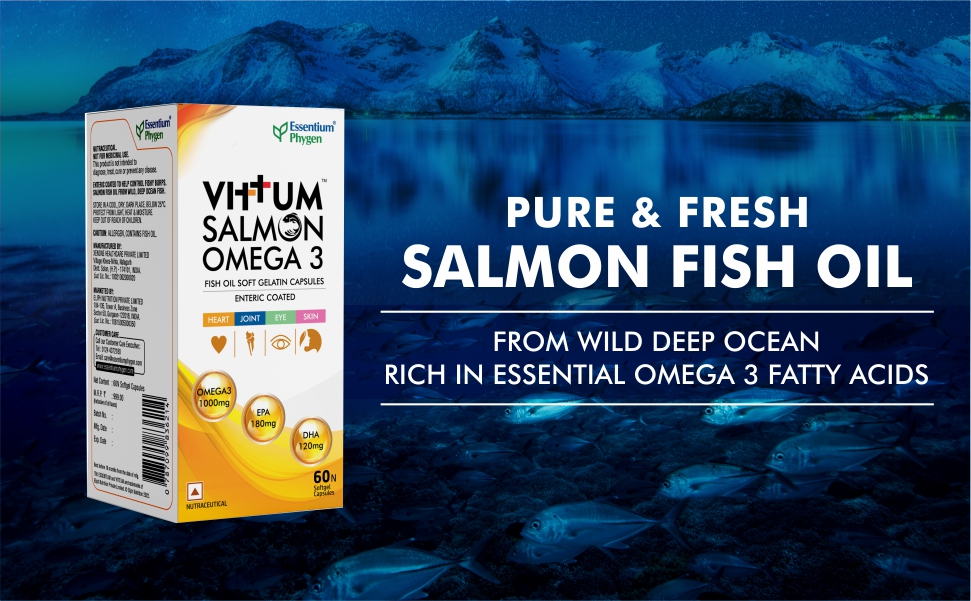 Vittum Omega 3 Salmon Fish Oil 1000 mg | EPA 180 mg + DHA 120 mg | Deep Sea Wild Fish Oil | Supports Heart, Brain & Eye Health | 60 Softgel Capsules
