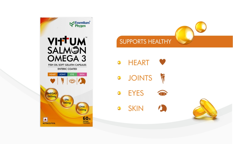 Vittum Omega 3 Salmon Fish Oil 1000 mg | EPA 180 mg + DHA 120 mg | Deep Sea Wild Fish Oil | Supports Heart, Brain & Eye Health | 60 Softgel Capsules