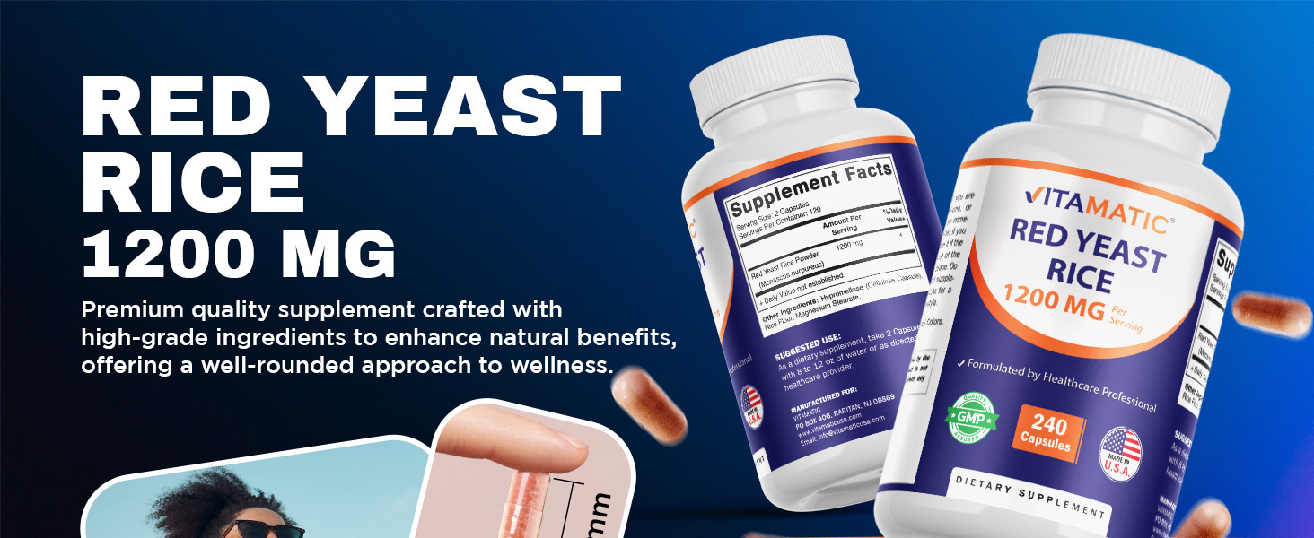 Vitamatic Red Yeast Rice 1200 mg Per Serving - 240 Veg Capsules - Made in the USA - Non-GMO & Gluten Free