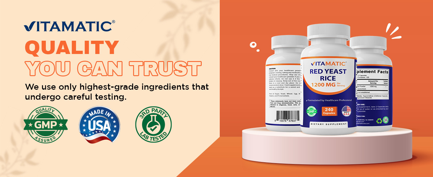 Vitamatic Red Yeast Rice 1200 mg Per Serving - 240 Veg Capsules - Made in the USA - Non-GMO & Gluten Free