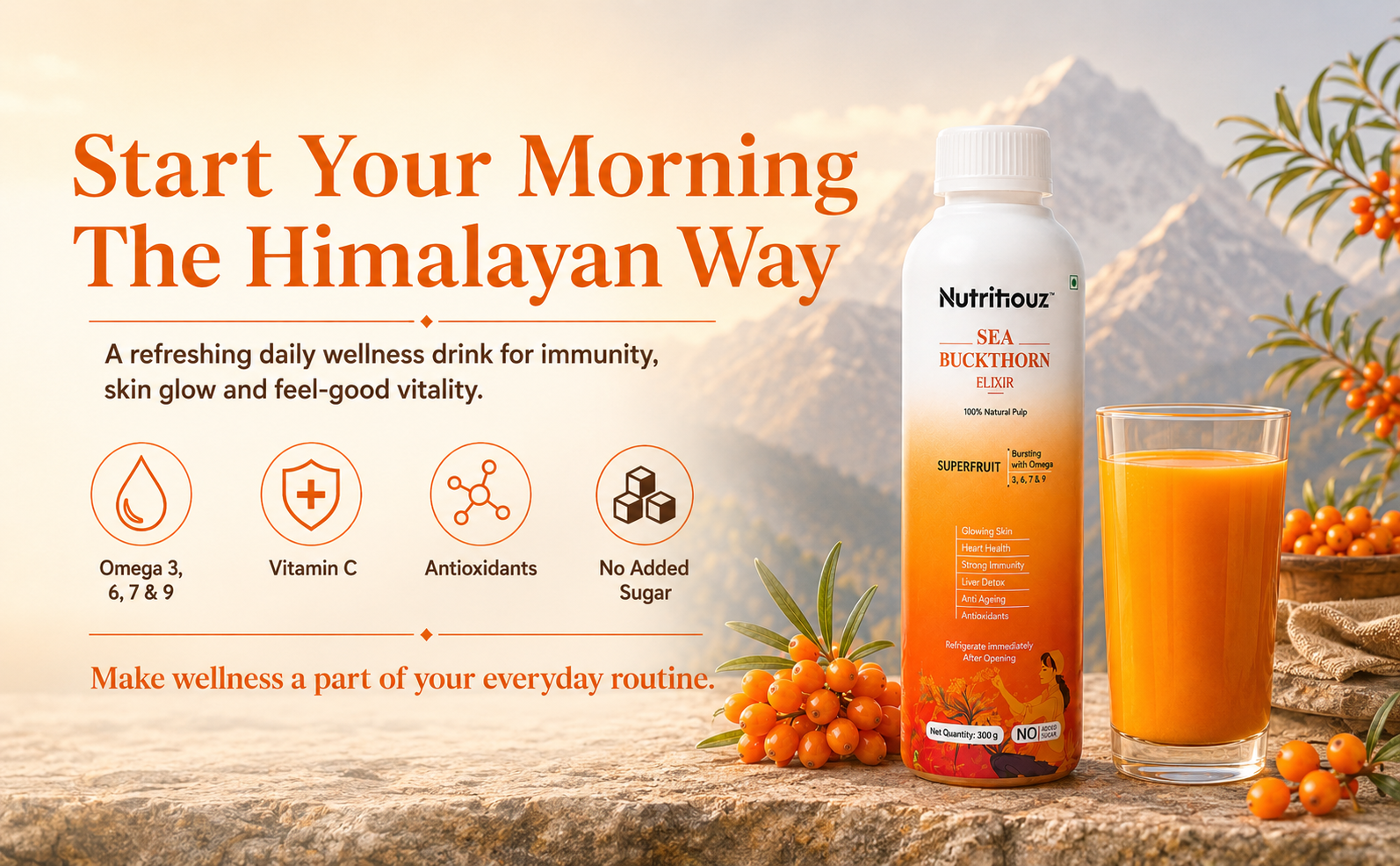 Himalayan Seabuckthorn Elixir (Juice) – 300 ml | Cold-Pressed Sea Buckthorn Pulp | Rich in Natural Vitamin C, Omegas 3, 6, 7 & 9 | Antioxidant-Rich Herbal Juice for Immunity, Heart Wellness, Skin Radiance & Digestive Health