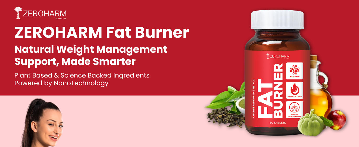 ZEROHARM Fat Burner Tablets | Garcinia Cambogia, Green Coffee, Green Tea, Apple Cider Vinegar | Boosts Metabolism & Controls Cravings | Weight Management Supplements for Men & Women | 60 Veg Tablets