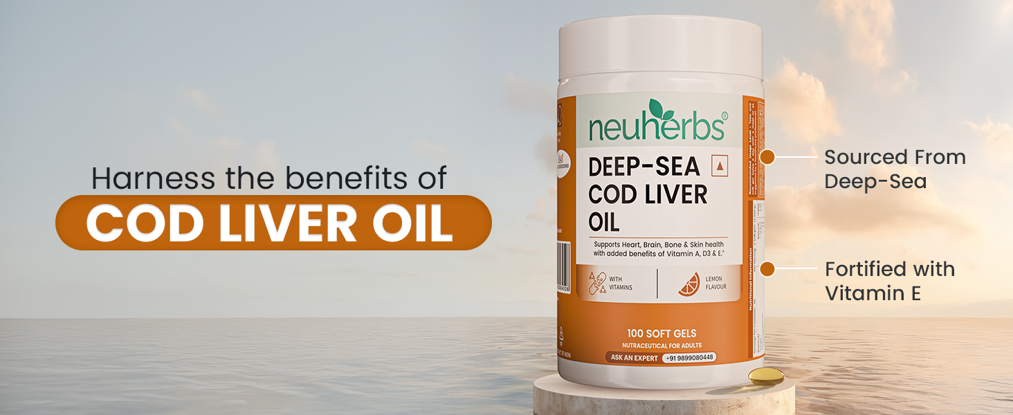 Neuherbs Deep Sea Cod Liver Oil Omega 3 Supplement With Vitamin A, D3 & E | Supports Heart, Brain, Bone & Skin Health | Fish Oil for Men & Women | No Fishy Burps With Lemon Flavour - 100 Softgels