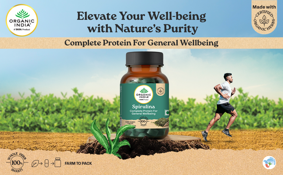 A TATA Product - Organic India Spirulina - 120 Tablets, Natural Amino Acids, Protein Powerhouse, Plant-Based Superfood, For Hair, Skin, Nails & Overall Health