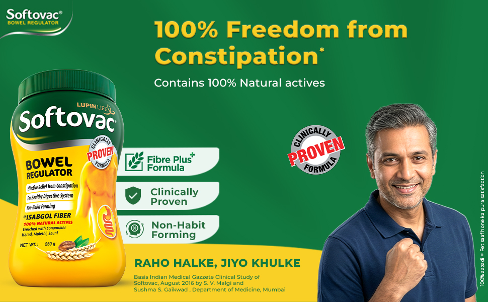 Softovac Isabgol Fiber Plus+ Natural Actives 250g | Psyllium Husk | Complete Relief from Constipation | Gentle on Stomach, Boosts Gut Health - Natural Bowel Regulator for Adults