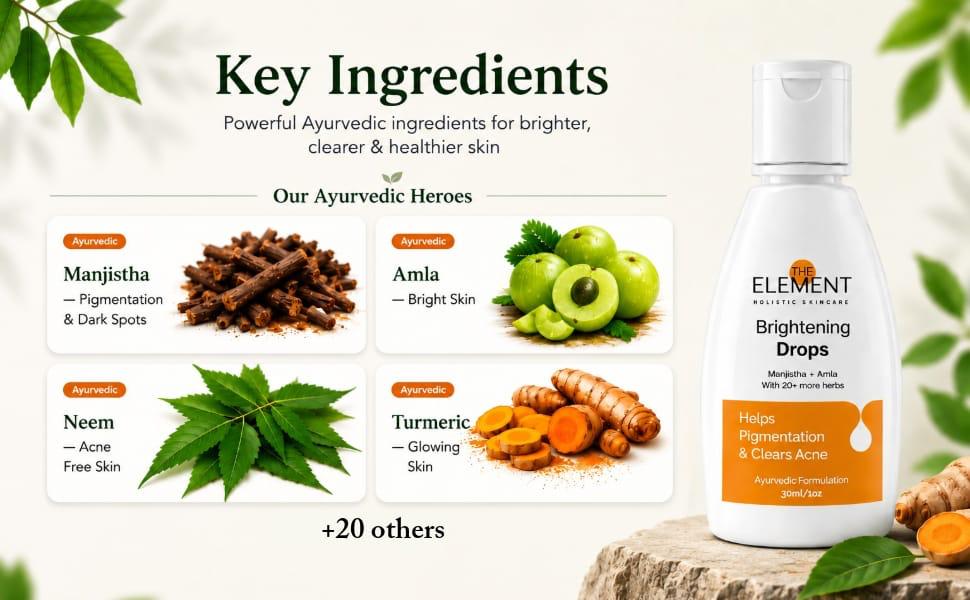 The Element Manjistha Brightening Drops – Drinkable Ayurvedic Skin Supplement | Manjistha, Amla, Neem, Turmeric & 20+ Herbs | Taken Orally for Pigmentation, Dark Spots, Acne & Glowing Skin From Within | 30 ml (Pack of 2, Classic)