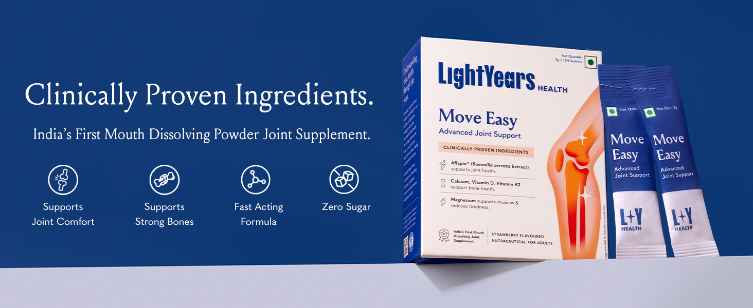 LightYears Move Easy | Advanced Joint Support Supplement | Clinically Proven Ingredients | Boswellia Serrata, Magnesium, Calcium, Vitamin D, Vitamin K2-7 | Mouth-Melting Powder | 15 Sachets