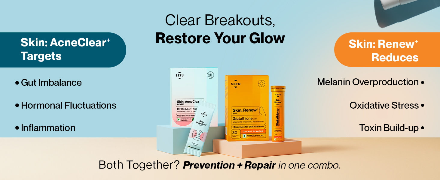 Setu Clear Skin Combo - Skin: AcneClear (150g) + Skin: Renew Glutathione Fizz (30 Tablets) for Skin Glow (BIFIACNEL® Probiotic & Detox Formula) | Targets Hormonal Acne, Gut Inflammation & Dark Spots | 30 days pack