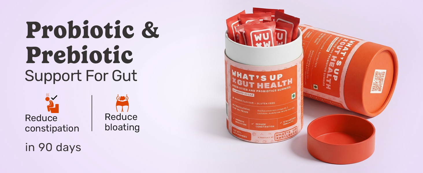 What's Up Wellness Gut Health Supplements Gummies | Prebiotics & Probiotics Supplement | Constipation, Bloating, Gas & Acidity Relief | Gut Cleanse Detox | Clinically Proven Strain | 30 Days (Pack Of 1)