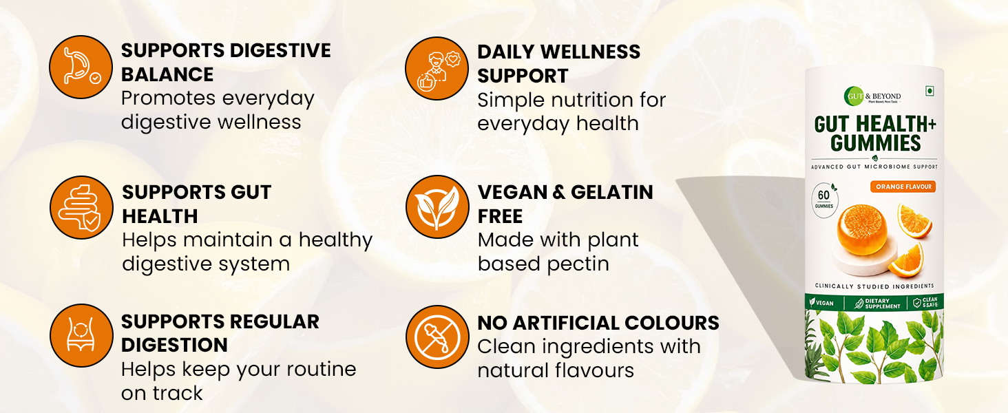 Gut and Beyond Gut Health Gummies 60 Count | Probiotic and Prebiotic Supplement | Relieves Bloating and Gas | Better Digestion and Immunity | Orange Flavour