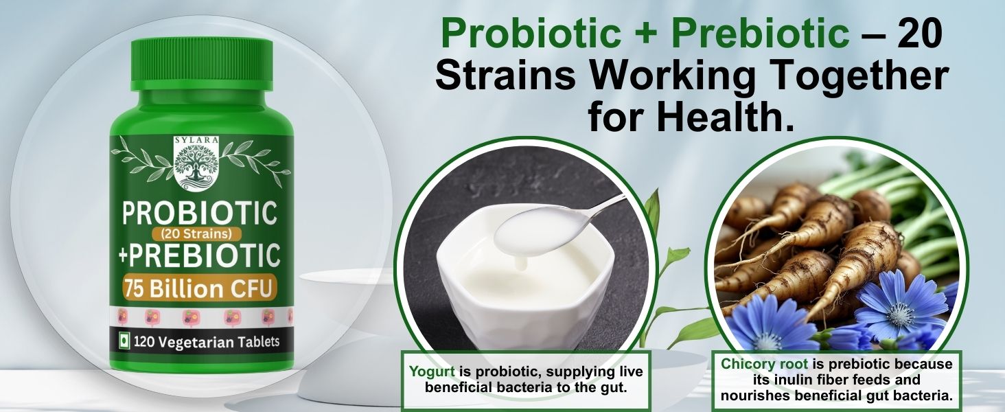 Sylara Probiotic - 75 Billion CFU - 20 Strains with Prebiotic 150 mg - Tablets/Capsules Supplements Powder