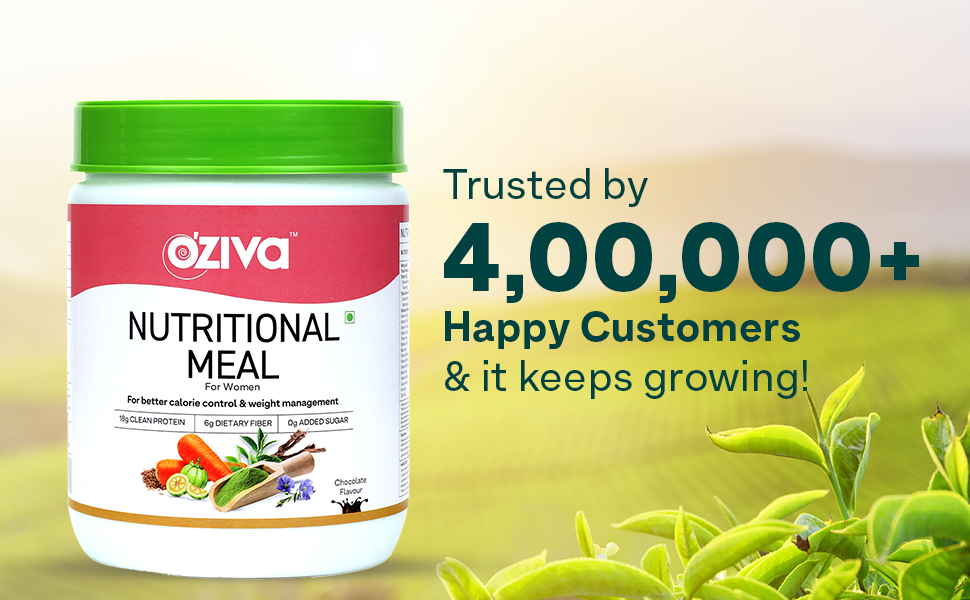 OZiva Nutritional Meal Women (High in Protein with Ayurvedic Herbs like Shatavari, Brahmi,Ginseng, Flax Seeds) for Weight Management, Meal Replacement Shake, Chocolate,1kg