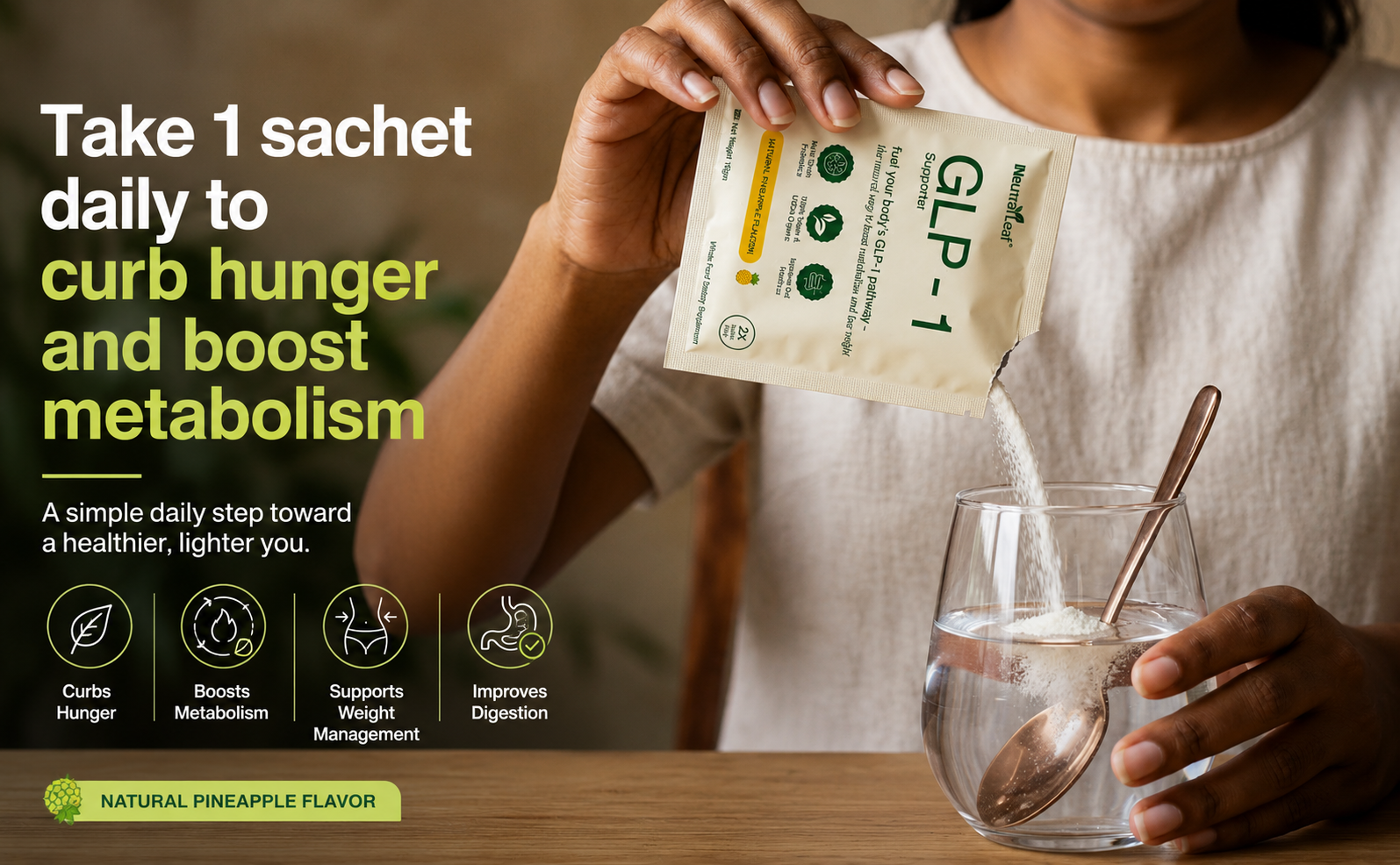Neutraleaf GLP-1 Daily for Weight Loss | Appetite & Craving Control | Boost Metabolism & Balances Blood Sugar Level | ACV, Moringa, Cinnamon and Green Tea Extract | Pineapple Flavour |