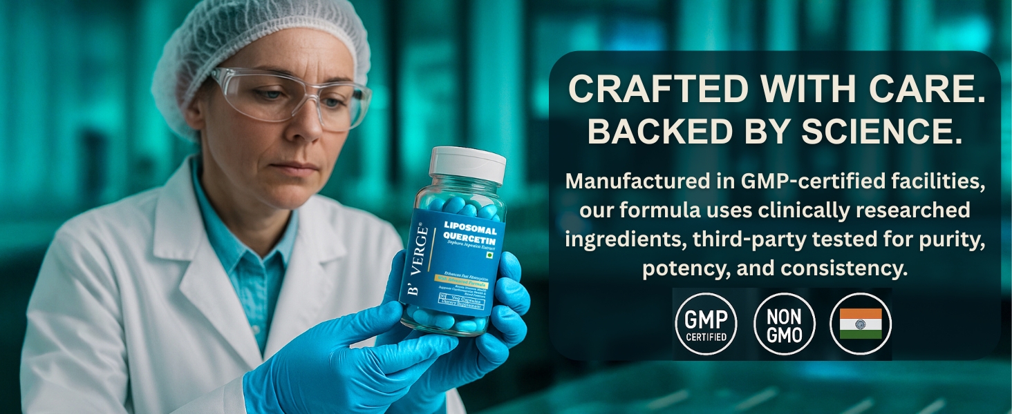 B'VERGE Liposomal Quercetin 100mg – Premium Antioxidant Support for Respiratory, Heart & Joint Health – Vegan, Non-GMO Capsules – 30 Capsules (Microbial & Heavy Metal Tested)