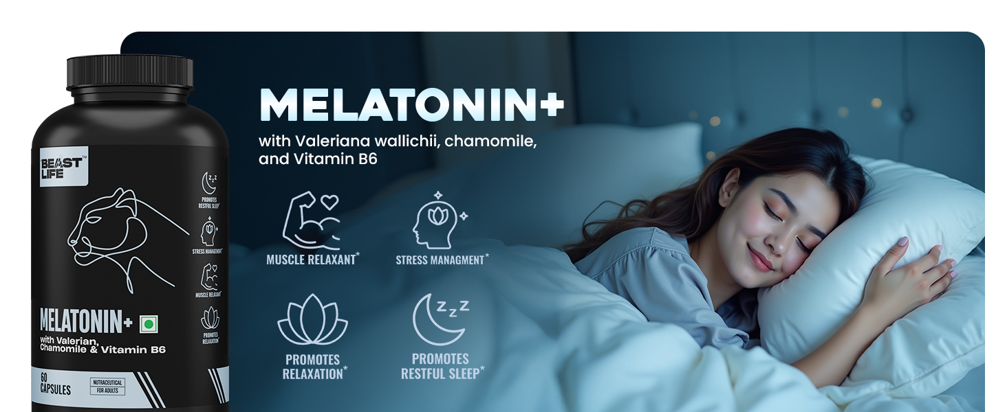 BeastLife Melatonin Plus 5mg Capsules with Valerian, Chamomile & Vitamin B6 | Sleep Support Supplement for Deep Sleep, Natural Sleeping Aid, Non-Habit Forming Night Rest Formula | Relieves Stress & Anxiety | Enhances Relaxation & Focus | 60 Capsules
