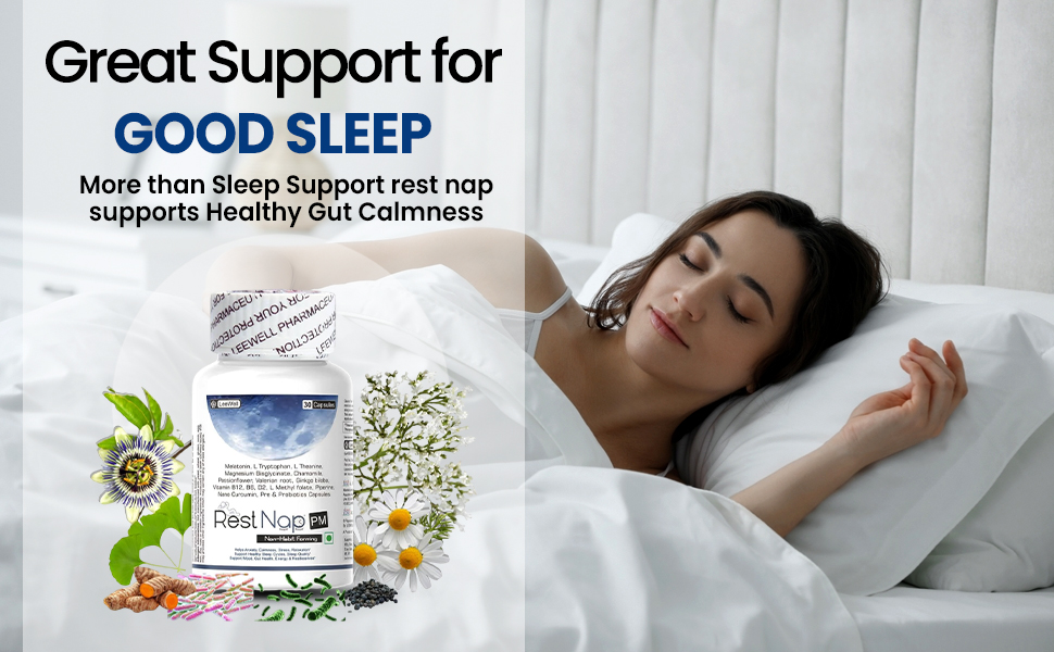 Restnap -Pm by LeeWell Sleep Support Supplement | melatonin 10mg | Magnesium Bisglycinate, Vitamin D, Vitamin B12, L Theanine, L Tryptophan, Chamomile flower, Passionflower, Valerian root | pre probiotics 30 Capsules