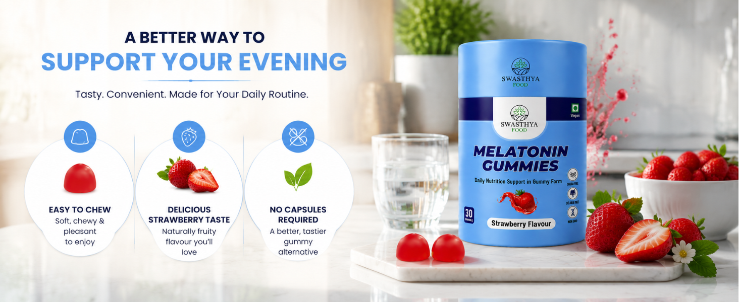 SWASTHYA AATA Melatonin Gummies Sugar Free Vegan & Gelatin Free Chewable Sleep Supplement For Adults Rich In Natural Bedtime Relaxation Nighttime Routine Support Strawberry Flavour