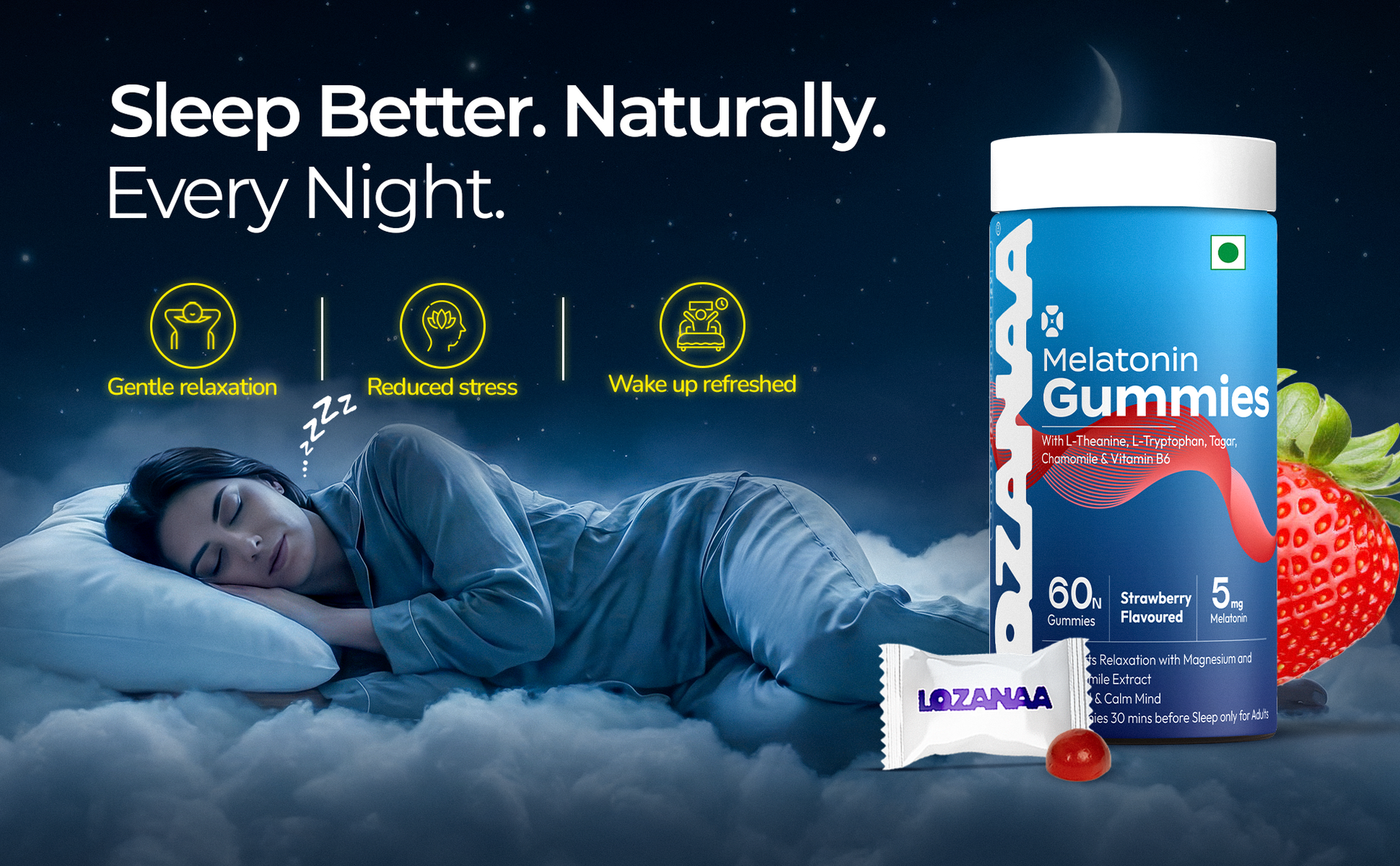 Melatonin Sleep Gummies 3 mg With L-Theanine, L-Tryptophan, Chamomile & Magnesium | Supports Up to 8 Hours Uninterrupted Sleep | Non-Habit Forming | 30 Veg Gummies