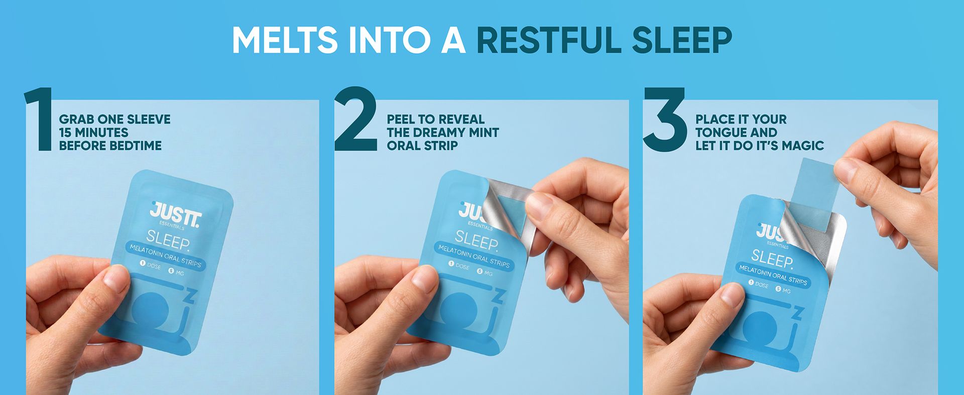 JUSTT ESSENTIALS Sleep Melatonin Oral Strips | Melts Into Restful Sleep | Dreamy Mint Flavour | 5mg | Bedtime Wellness | Vegan Sugar Free | 30 Strips