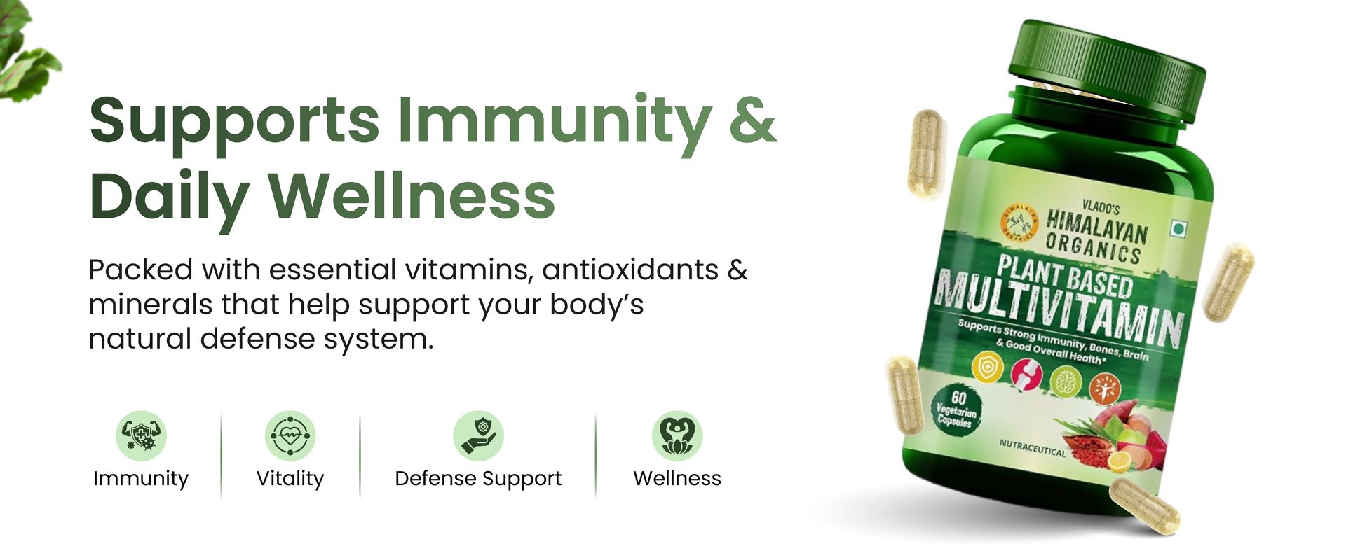 Vlado's Himalayan Organics Plant Based Multivitamin Supplement for Men & Women - 60+ Ingredients multi Vitamins For Men & Women With Vitamin B1, B2, B3, B5, B6, B7, B9, B12, A, C, D3, E, K2, Calcium, Iron , Zinc I Wholefood to support Immunity, Boost stamina, Increase Energy Levels & Overall Health - 60 Veg Capsules