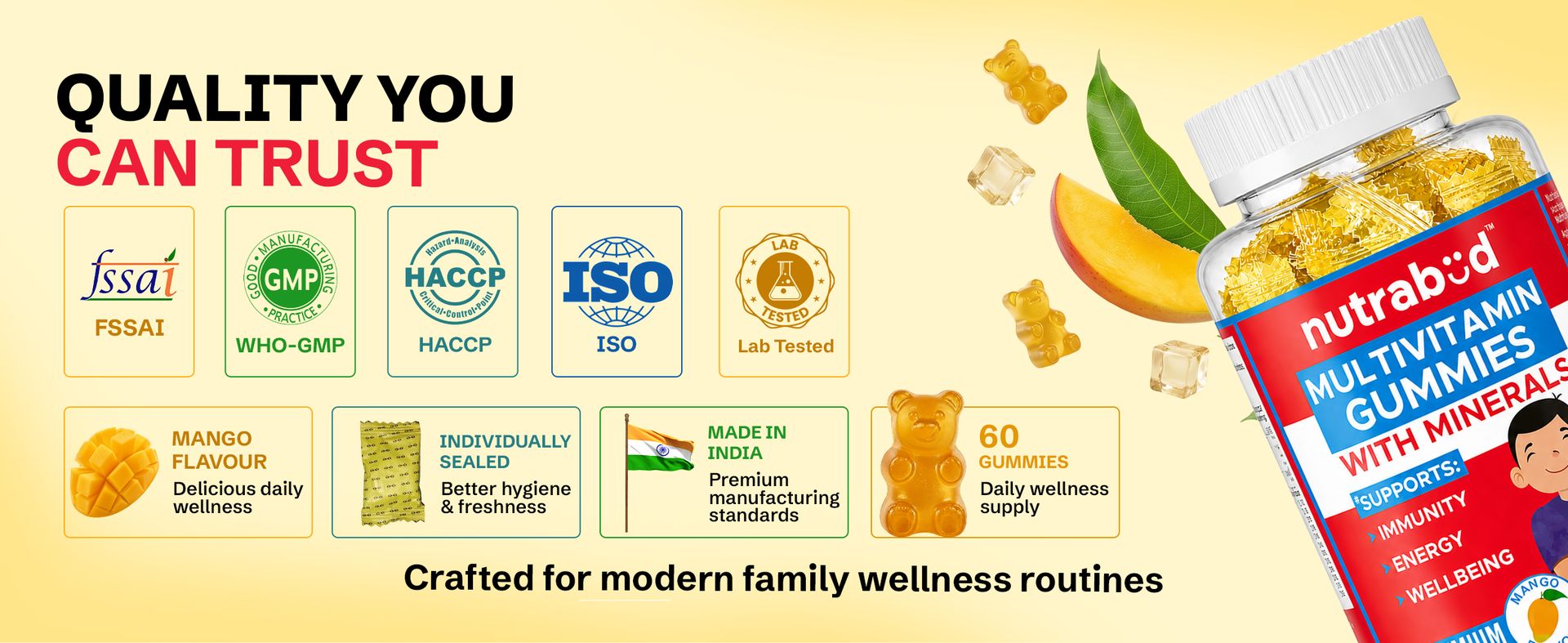 Nutrabud Multivitamin Gummies for Kids, Men, Women, Adults | No Added Sugar | For- Healthy Growth, Immunity & Energy | Mango Flavor Veg Gummy Bears Supplement - 60 Count (Pack Of 1)