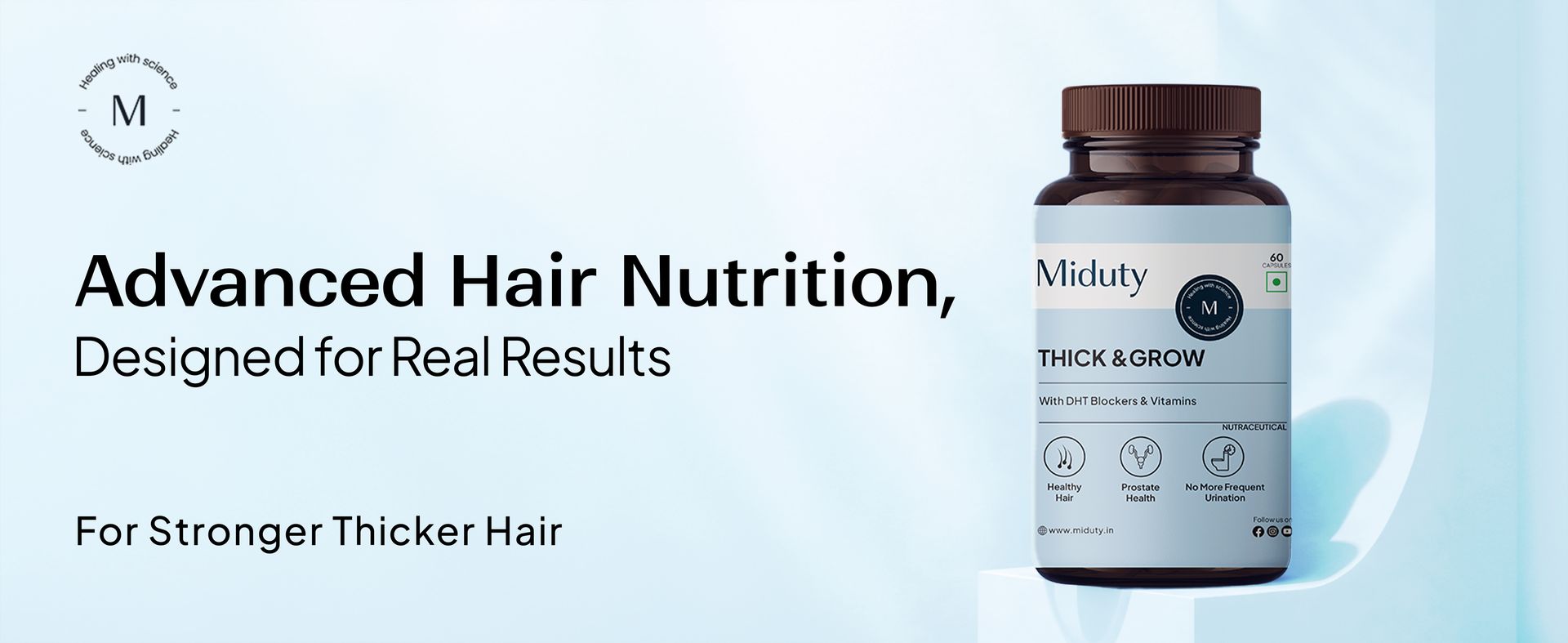 Miduty Thick & Grow Biotin Hair Supplement with DHT Blockers, Amino Acids, Vitamins & Minerals for Glowing Skin, Strong Hair & Nail- for Men & Women - 60 Veg Capsules