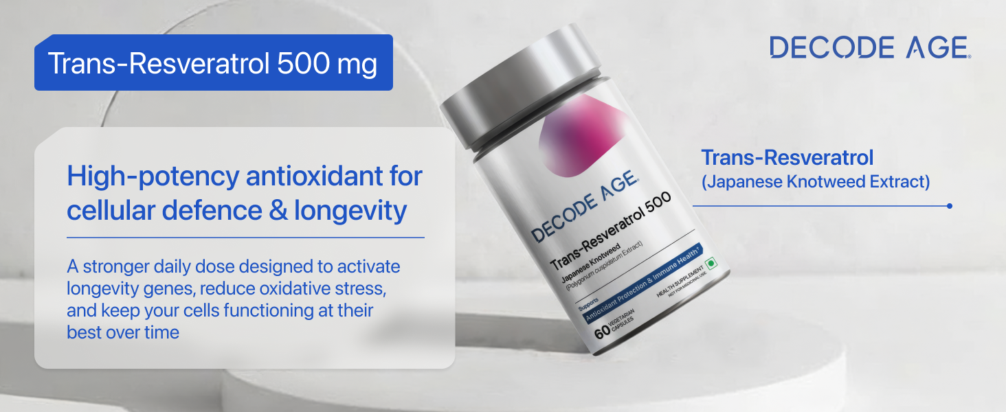 Trans-Resveratrol 500 mg | Pure Antioxidant & Anti-Aging Supplement | Supports Cellular Repair, Heart Health & Healthy Inflammation Response | High Bioavailable Japanese Knotweed Extract | Decode Age