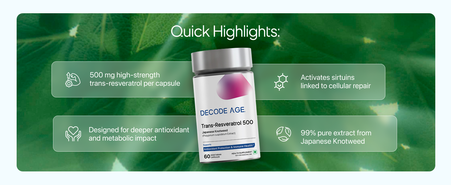 Trans-Resveratrol 500 mg | Pure Antioxidant & Anti-Aging Supplement | Supports Cellular Repair, Heart Health & Healthy Inflammation Response | High Bioavailable Japanese Knotweed Extract | Decode Age