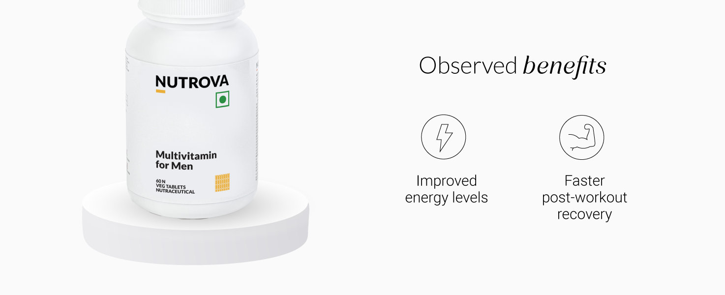 Nutrova Multivitamin for Men – Daily Supplement with CoQ10 & Lycopene, Optimized for Indian Diets, Supports Energy, Immunity & Recovery - 60 Veg Tablets.