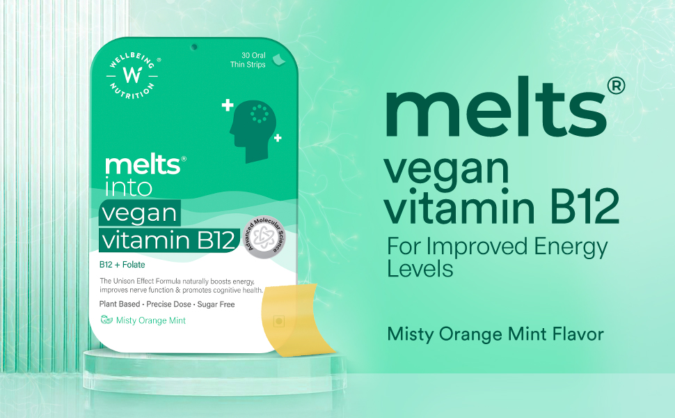 Wellbeing Nutrition Melts Vegan Vitamin B12, Folate, Brahmi & Curcumin | For Memory, Brain, Heart & Nervous System Support | B12 supplement for Men & Women, 30 Oral Strips