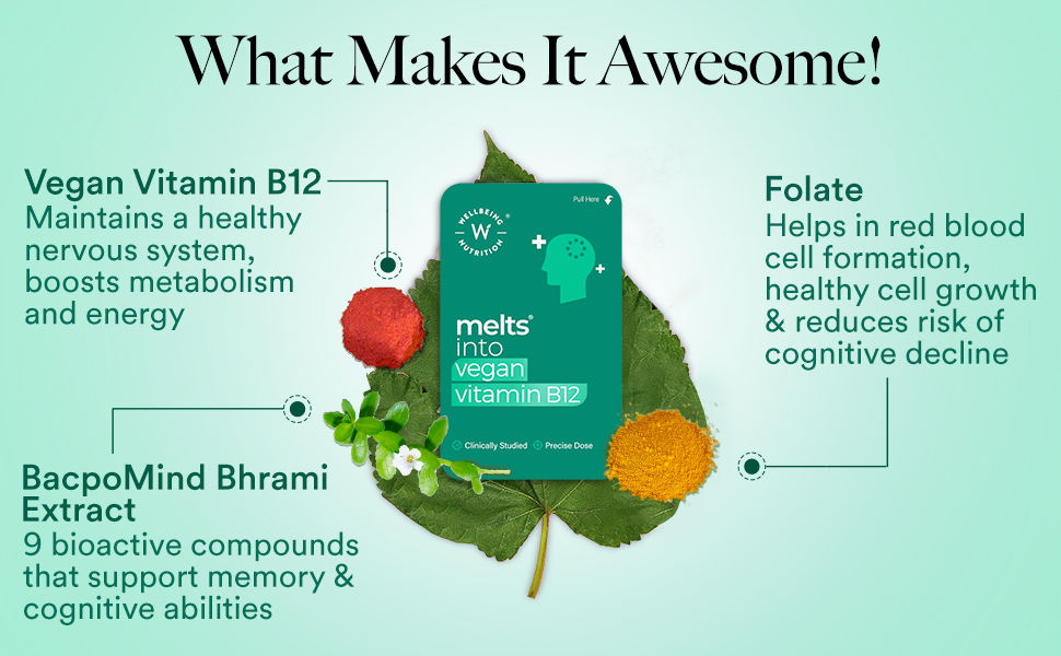 Wellbeing Nutrition Melts Vegan Vitamin B12, Folate, Brahmi & Curcumin | For Memory, Brain, Heart & Nervous System Support | B12 supplement for Men & Women, 30 Oral Strips