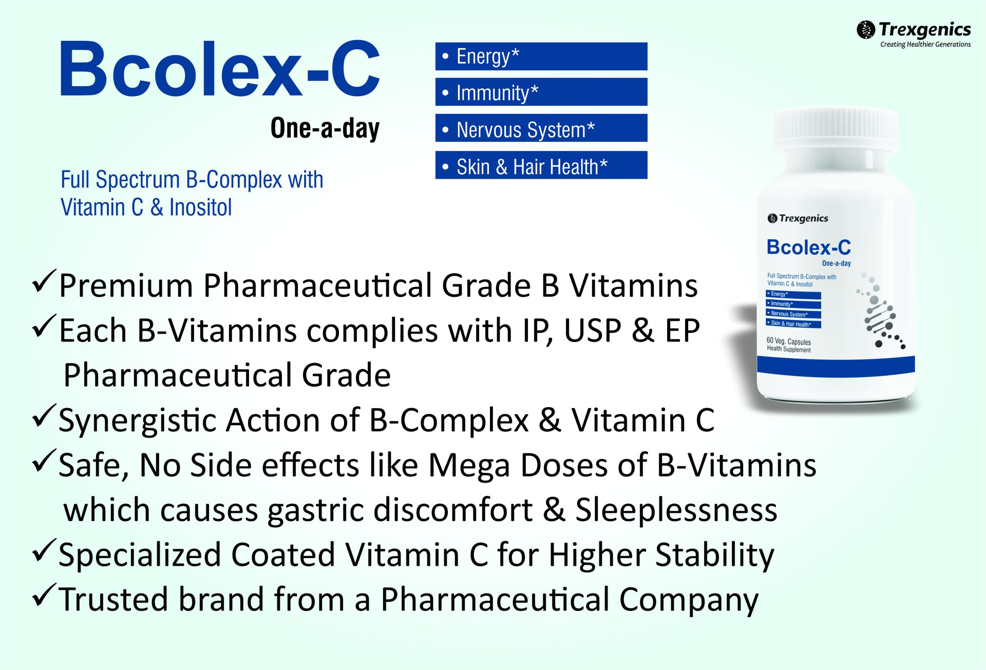 Trexgenics Bcolex-C One-A-Day Complete B-Complex With B12-Vit.C-Inositol 100Mg, Energy, Immunity & Nervous System (60 Veg. Caps)