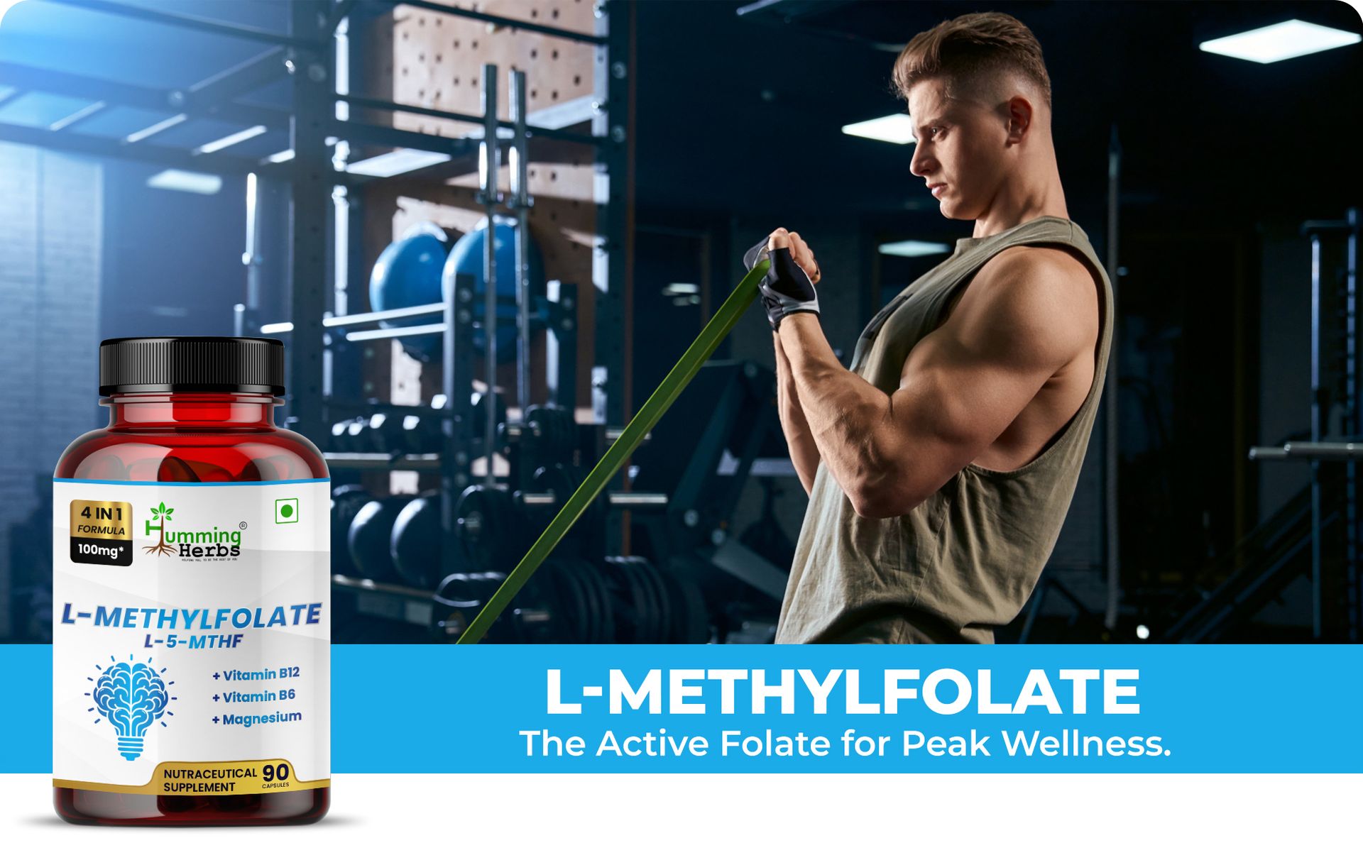 Humming Herbs L-Methylfolate (L-5-MTHF) with Vitamin B12, Vitamin B6 & Magnesium | 4-in-1 Daily Wellness Formula | 100mg | 90 Veg Capsules
