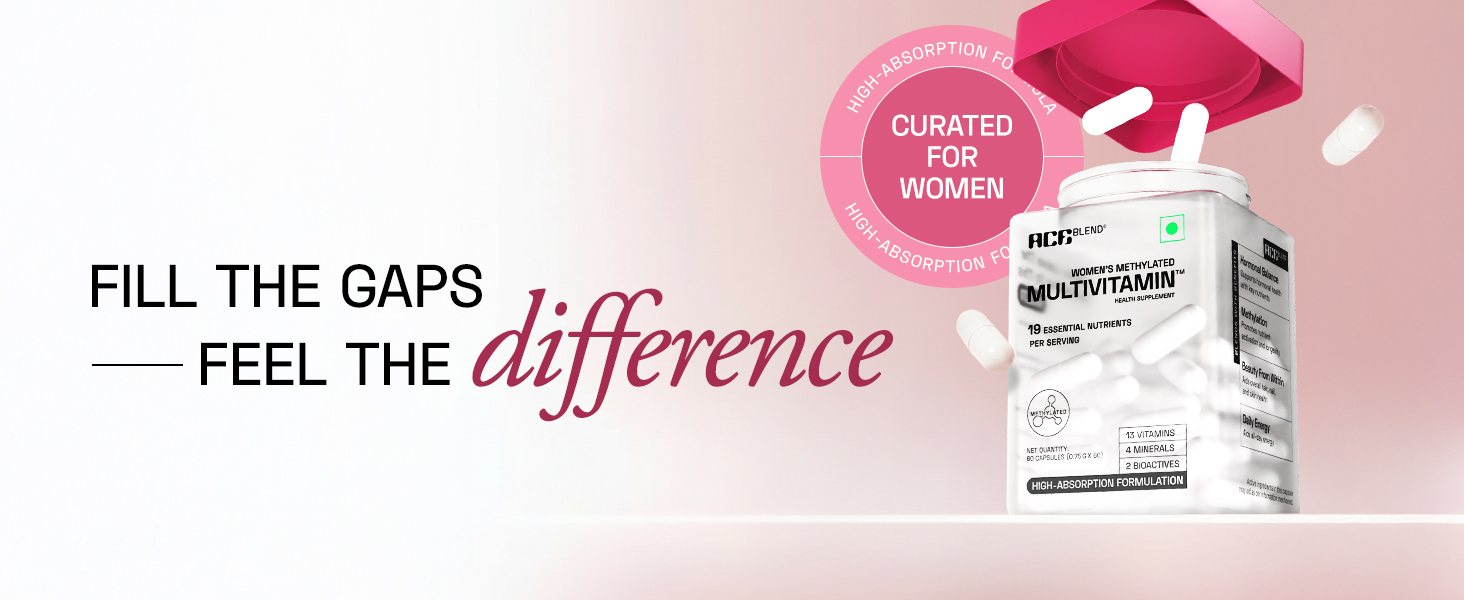 Ace Blend Multivitamin Capsules for Women | Pack of 60 | With Iron & Methylated Multivitamin | 19 Essential Nutrients with Quatrefolic, MenaQ7 K2 & Vitashine D3 | Supports Hormonal Balance & Immunity