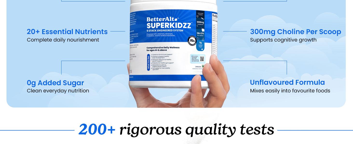 BetterAlt SuperKidzz Daily Nutrition Powder for Kids (4+ Years) | 5-Blend Formula with Colostrum, DHA, Vitamins, Minerals & Probiotics | Supports Daily Growth & Development | No Added Sugar | 100g