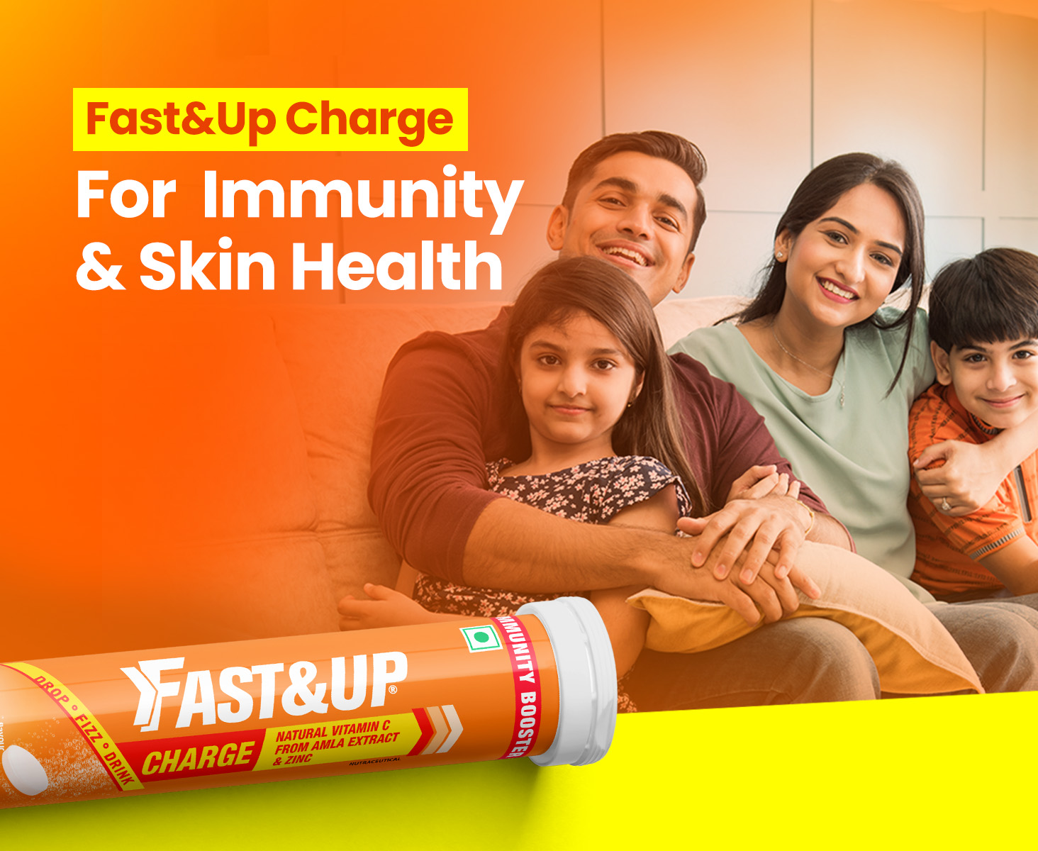 Fast&Up Charge Natural Vitamin C - 20 Effervescent Tablets, Amla Extract + Zinc for Daily Immunity | Helps to boost & Strengthens Collagen for Healthy Skin, Hair & Nails- Orange Flavour