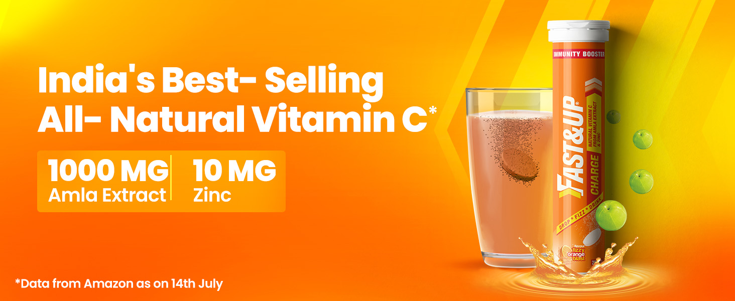 Fast&Up Charge Natural Vitamin C - 20 Effervescent Tablets, Amla Extract + Zinc for Daily Immunity | Helps to boost & Strengthens Collagen for Healthy Skin, Hair & Nails- Orange Flavour