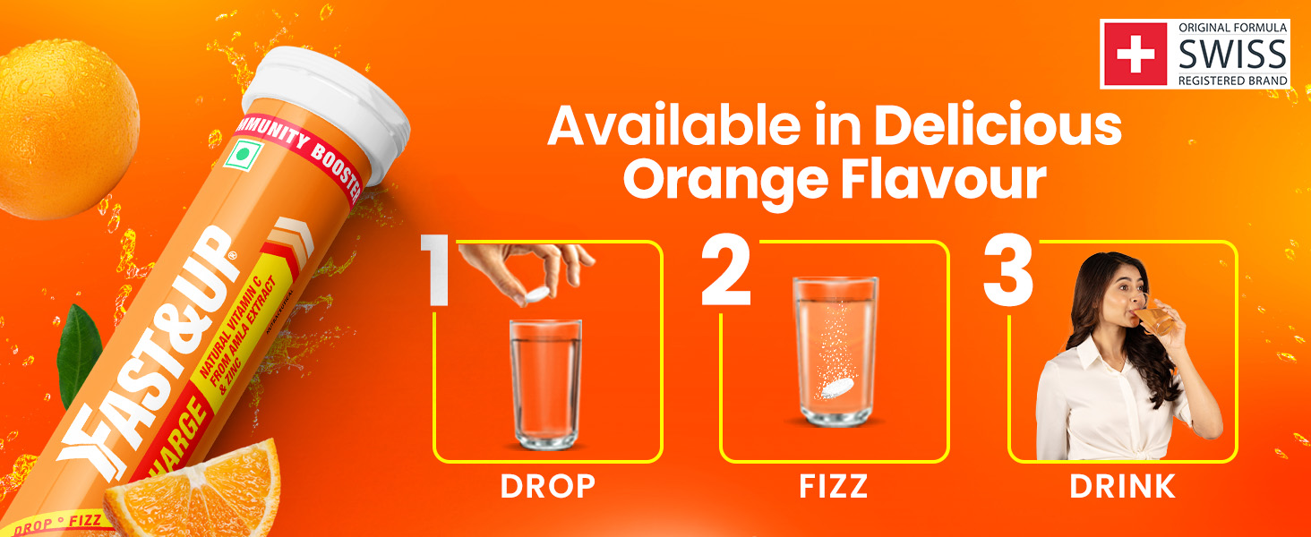 Fast&Up Charge Natural Vitamin C - 20 Effervescent Tablets, Amla Extract + Zinc for Daily Immunity | Helps to boost & Strengthens Collagen for Healthy Skin, Hair & Nails- Orange Flavour