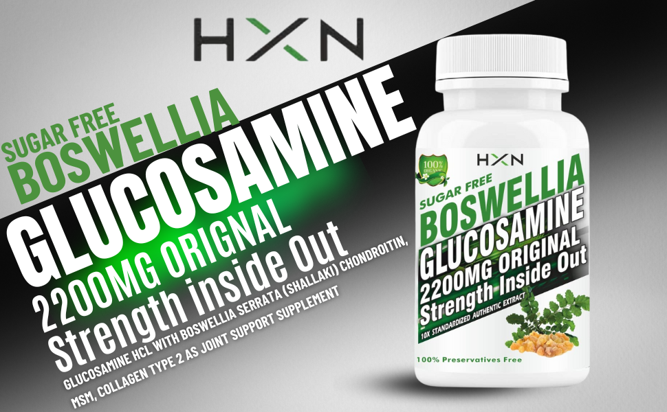 HXN Glucosamine Joint Support Supplement for Knee & Joint Pain Relief – with Boswellia Serrata (Shallaki), Chondroitin, MSM, Collagen Type 2 – 60 Vegetarian Tablets, Sugar & Gluten Free