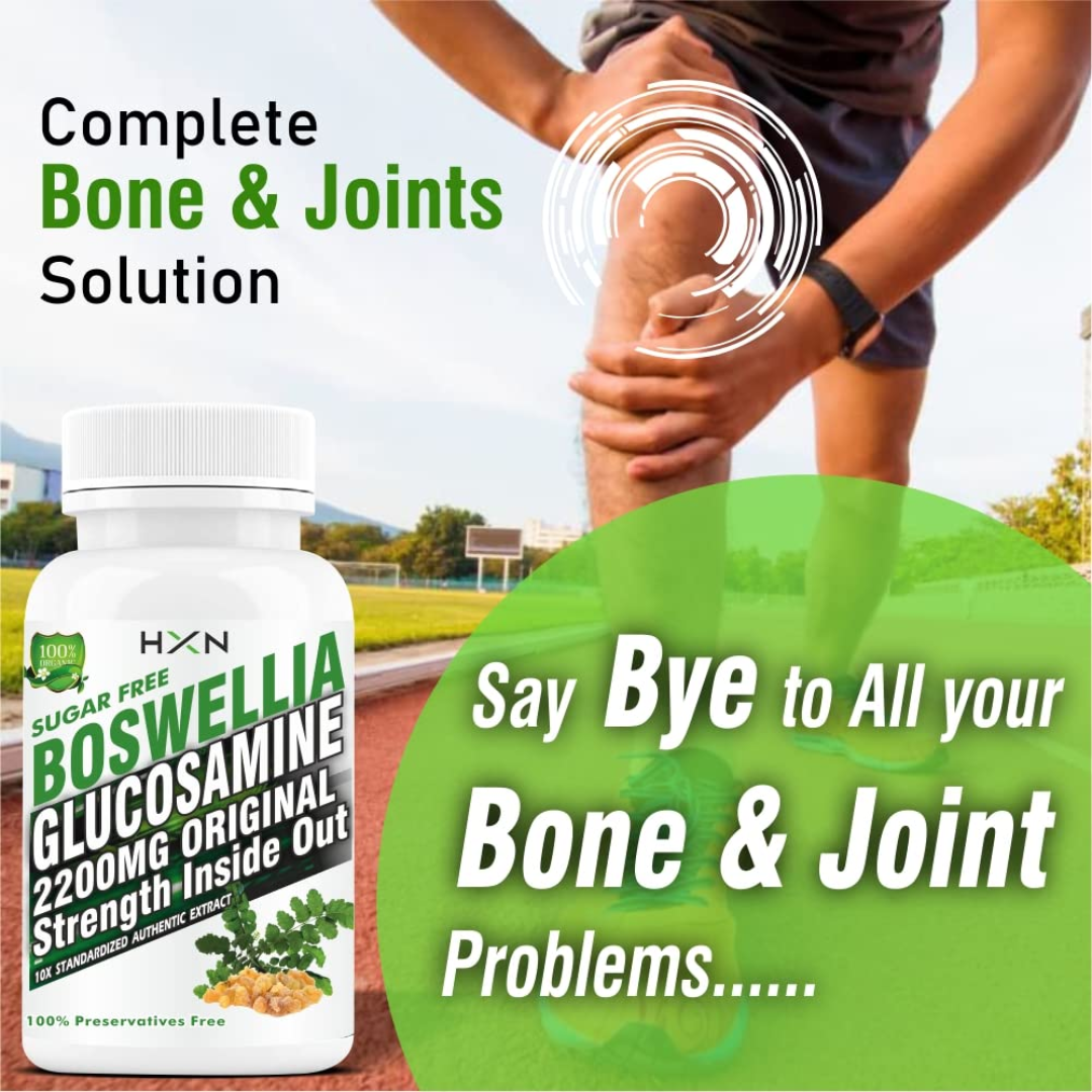 HXN Glucosamine Joint Support Supplement for Knee & Joint Pain Relief – with Boswellia Serrata (Shallaki), Chondroitin, MSM, Collagen Type 2 – 60 Vegetarian Tablets, Sugar & Gluten Free