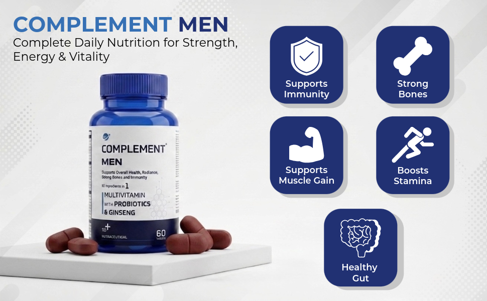 Complement Men Multivitamin Tablets with Probiotics & Ginseng | Supports Energy, Immunity & Gut Health | 60 Tablets | Nutraceutical for Men 18+