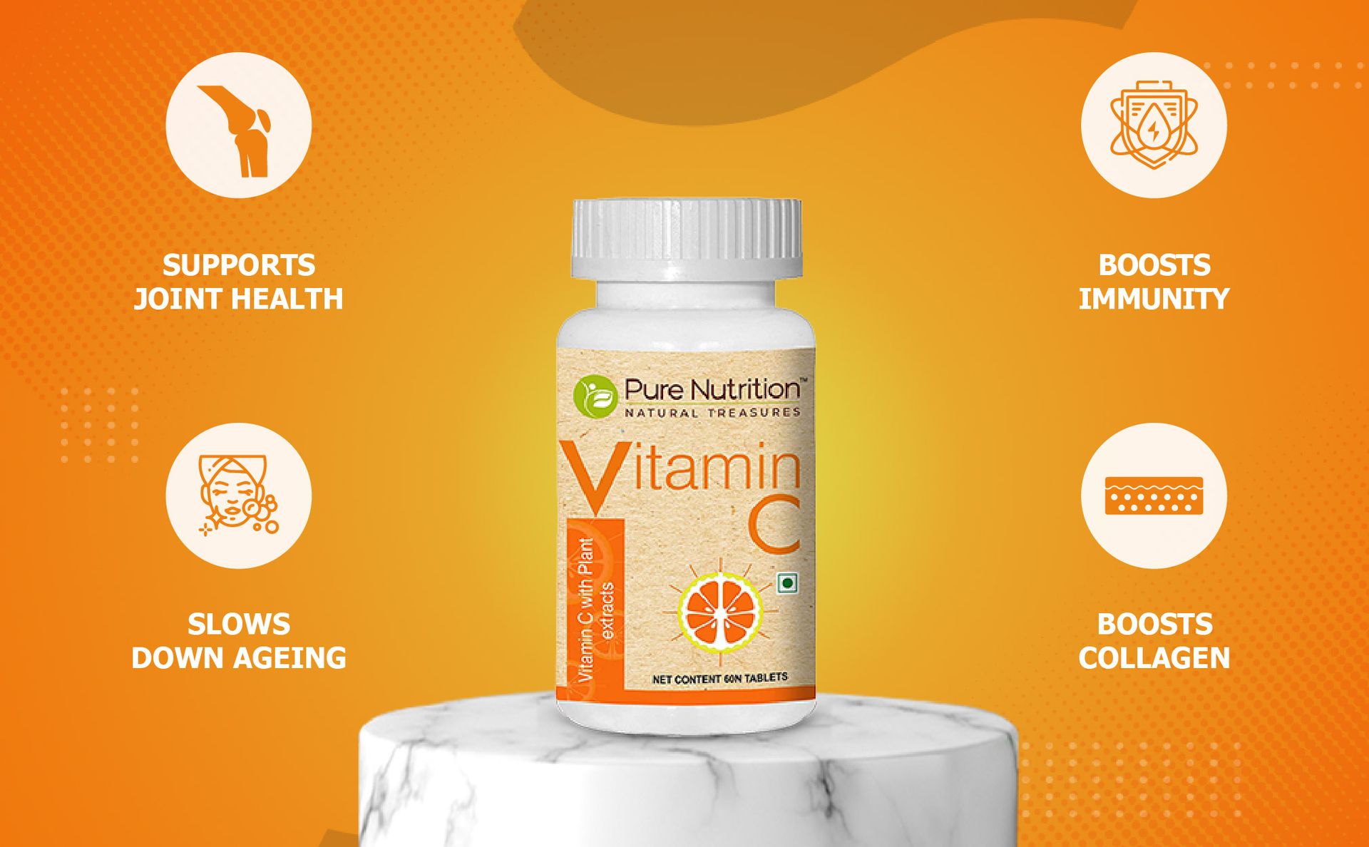 Pure Nutrition Plant Based Vitamin C Tablets | Vitamin C Supplements with Amla & Orange Peel Extract | Supports Collagen Formation & Fights Free Radicals for Healthy Skin Boosts Immunity & Skin Glow | Natural Antioxidant for Men & Women | 60 Veg Tablets