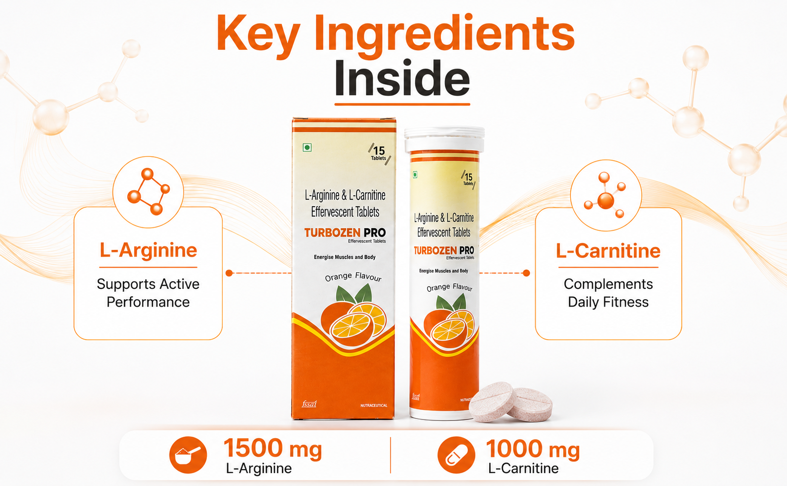 TURBOZEN PRO L-Arginine & L-Carnitine Effervescent Tablets | Orange Flavor Energy Drink Tablets | Daily Stamina & Active Lifestyle Support | 15 Effervescent Tablets