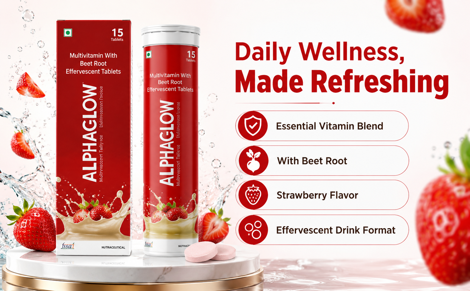 ALPHAGLOW Multivitamin with Beet Root Effervescent Tablets | Strawberry Flavor | Daily Wellness Support | Vitamin Blend with Beet Root | 15 Tablets